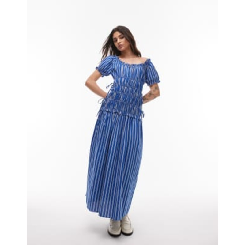 Topshop cap sleeve shirred dress with tie sides in blue stripe