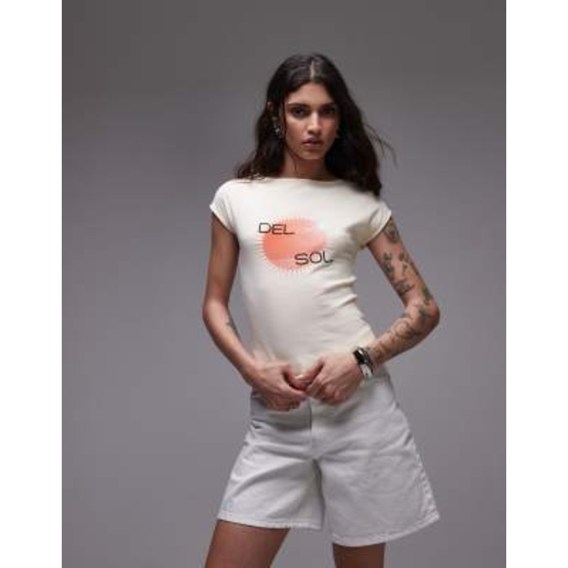 Topshop graphic del sol cap sleeve slash neck tee in yellow