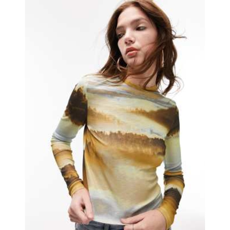 Topshop landscape long sleeve mesh top in multi