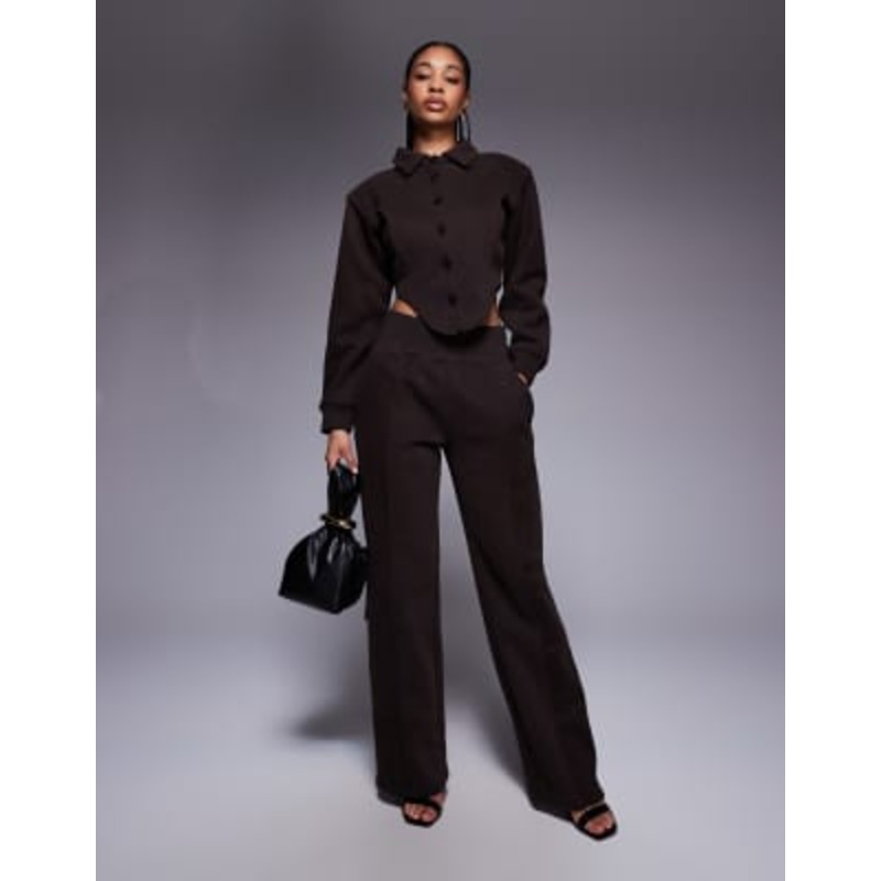 Wanderdoll Hattie cotton blend tailored wide leg seam detail pants in chocolate – part of a set