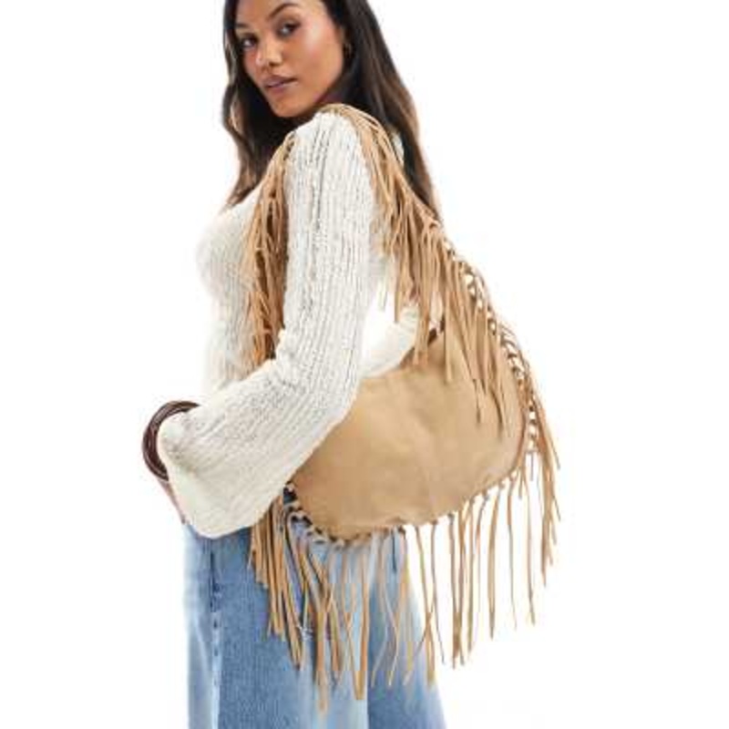Cotton On demi fringe bag in sandstone microsuede