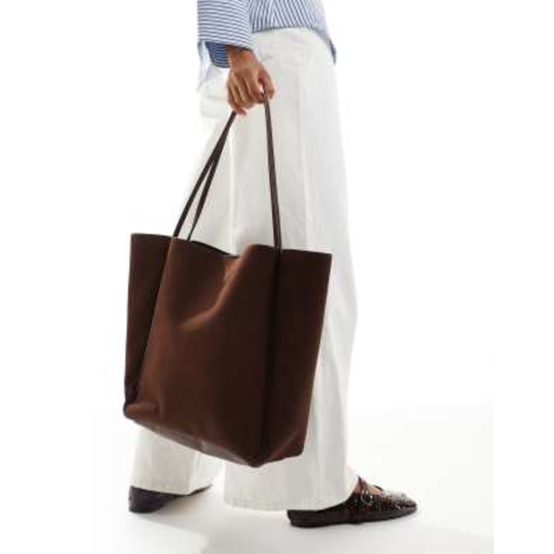 Glamorous faux suede tote bag with piping detail in deep brown