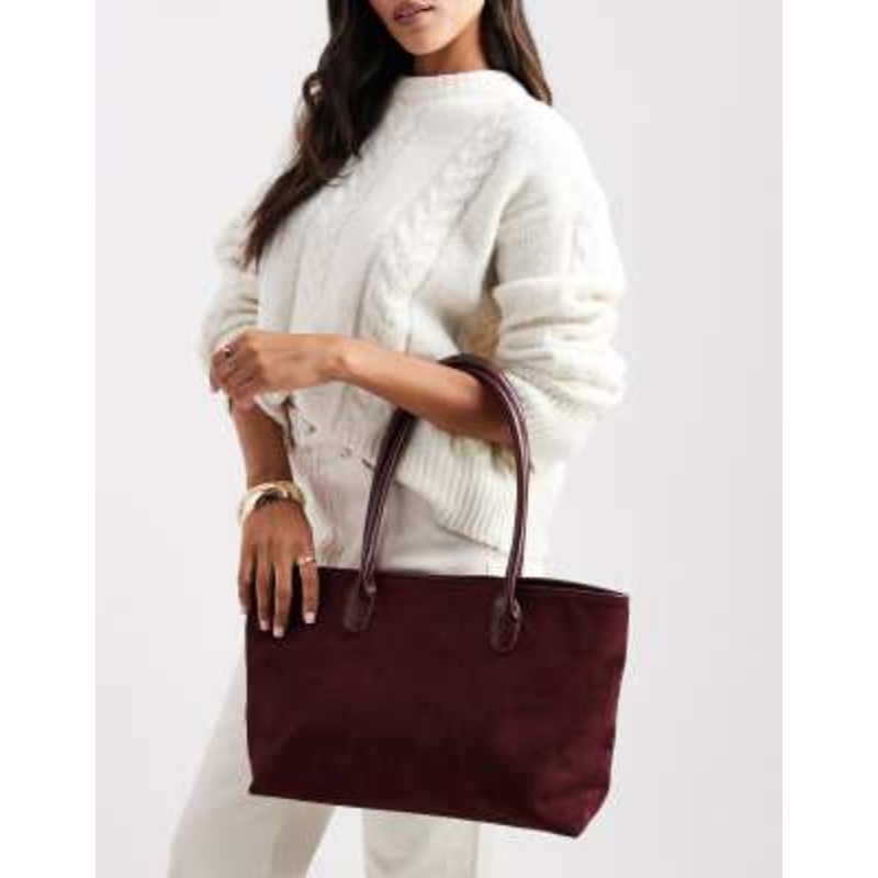 Glamorous large faux suede shoulder bag with PU straps in burgundy