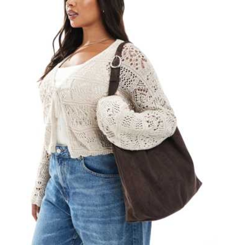 Glamorous large faux suede tote bag with buckle strap in dark brown