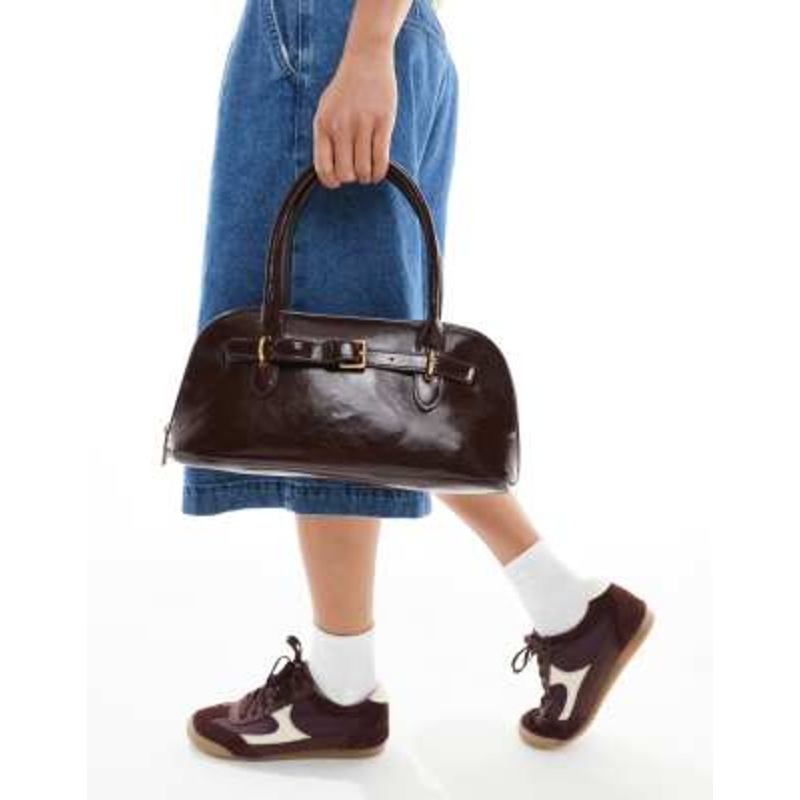 Glamorous long shoulder bag with belt detail in burgundy