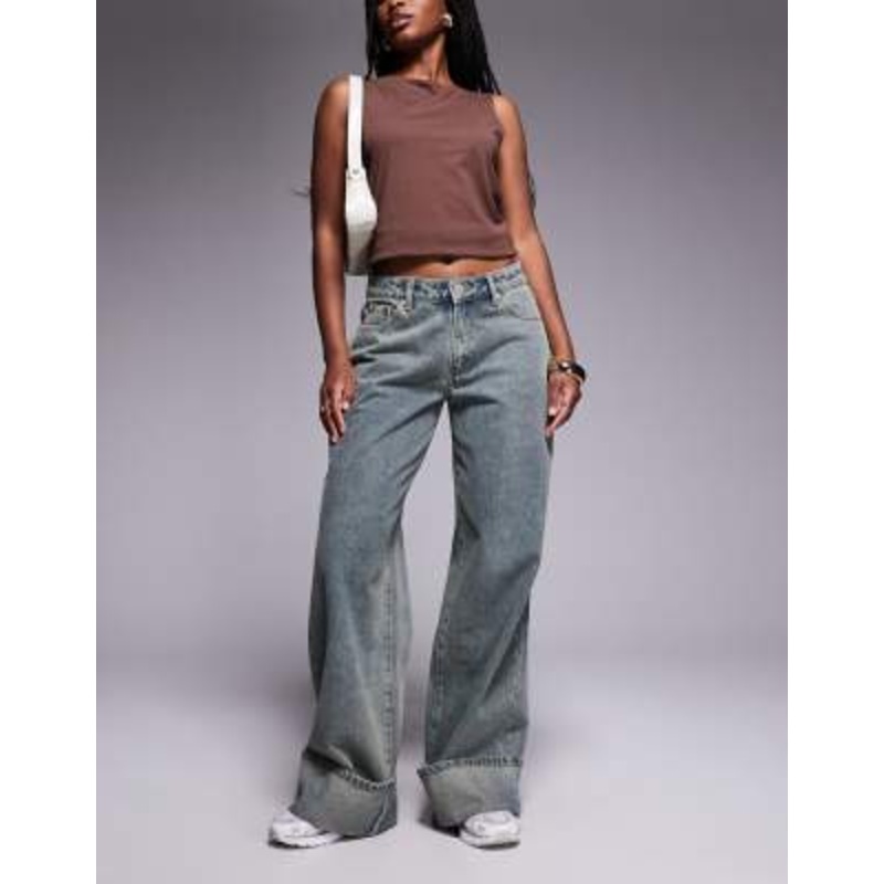 Liquor N Poker cinch midrise turn up baggy denim jeans in acid wash blue