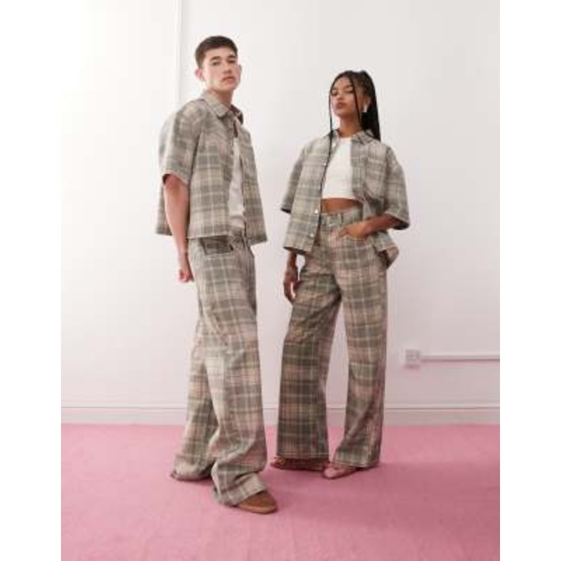 Reclaimed Vintage unisex baggy jeans in washed plaid – part of a set