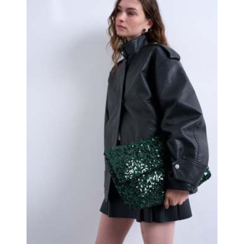 Topshop Georgia folded clutch bag in green sequins