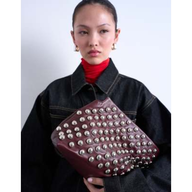 Topshop Gideon studded clutch bag in burgundy