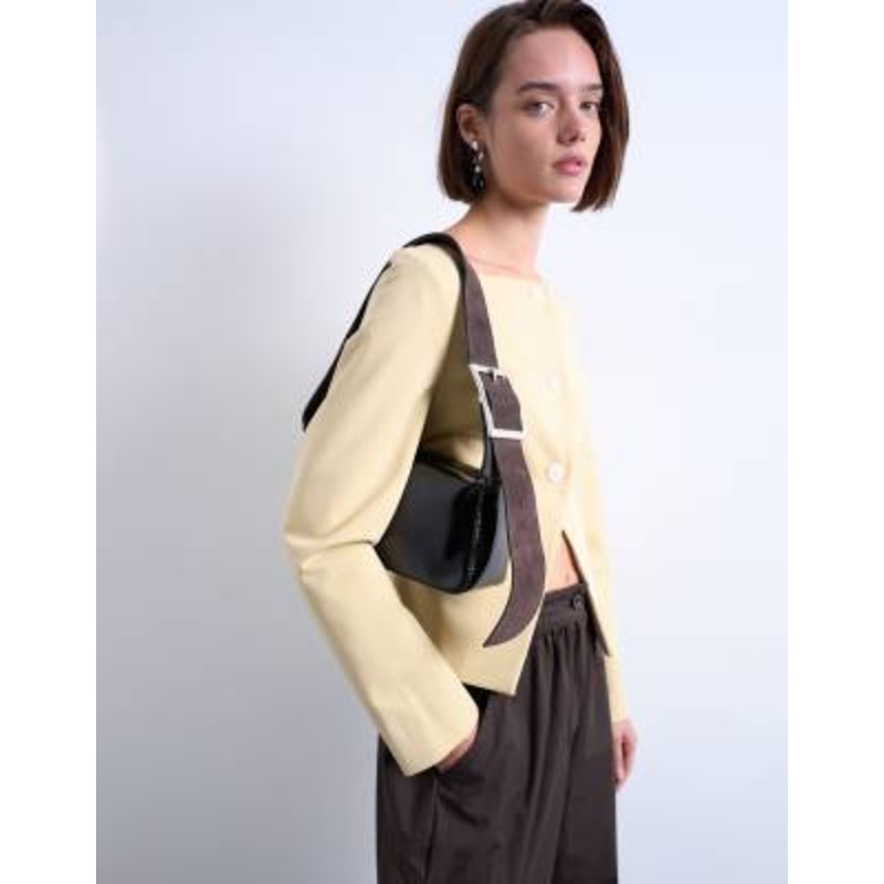 Topshop Scarlett real leather suede shoulder bag with contrast strap in black and chocolate