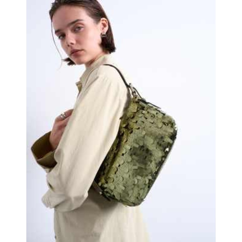 Topshop Sol shoulder sequin bag with leather handle in khaki