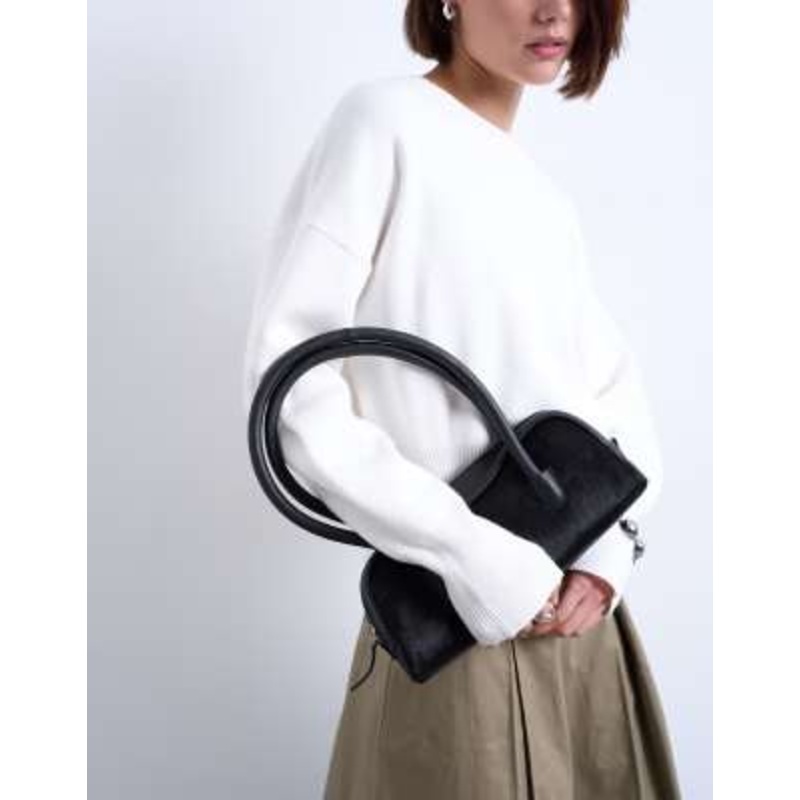 Topshop Sullivan leather shoulder bowler bag in black pony