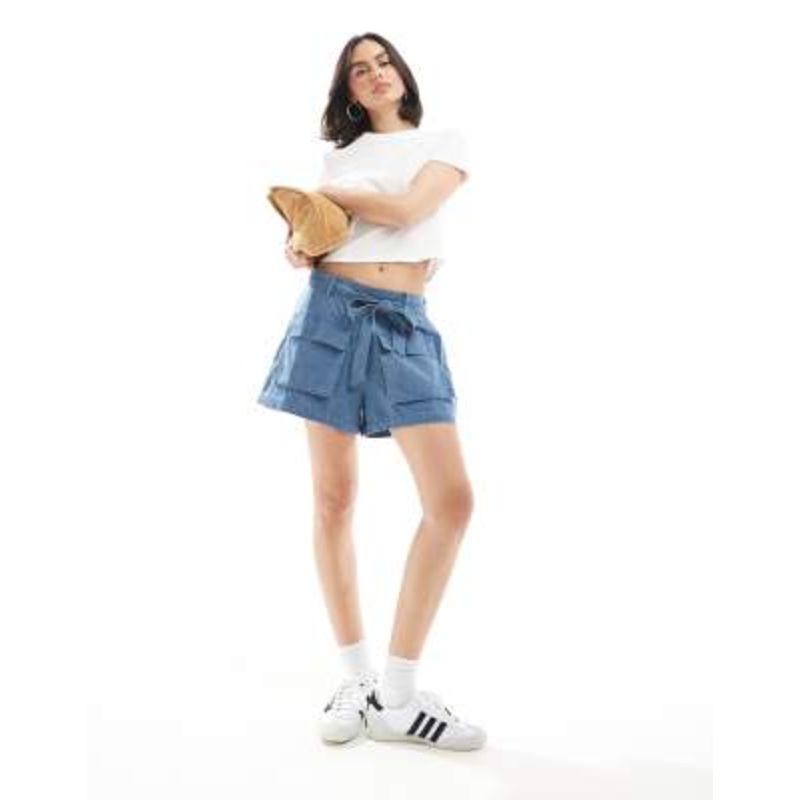 Wednesday’s Girl paperbag waist chambray shorts in blue