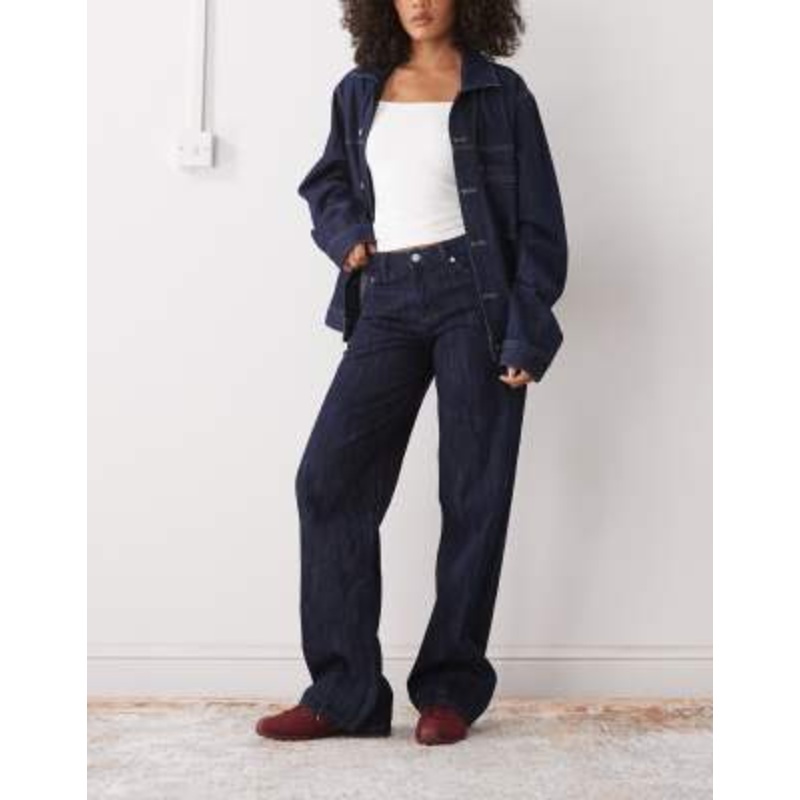 Weekday Ample low waist baggy fit jeans in dark blue slub wash