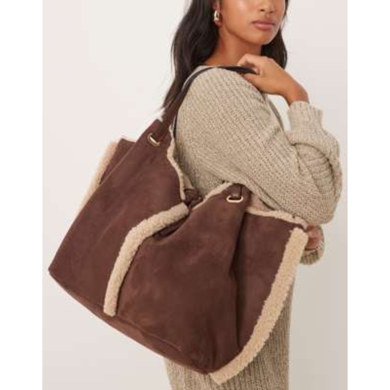 Accessorize shearling and faux suede reversible shoulder bag in brown