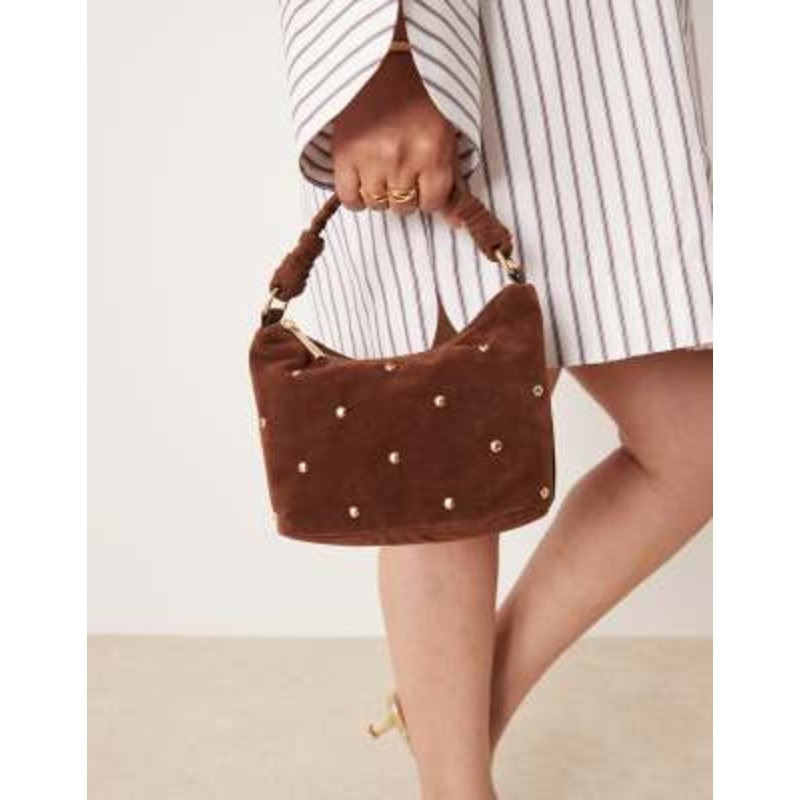 Accessorize studded faux suede handheld bag in brown