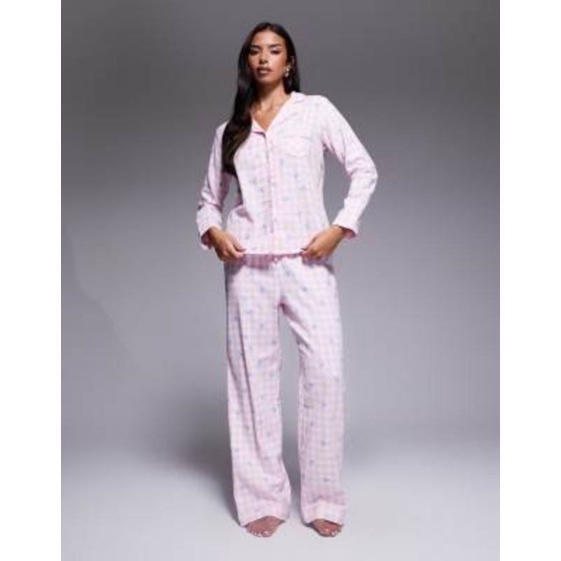 Boux Avenue fleece long sleeve & pants PJ set in a bag in gingham bow print