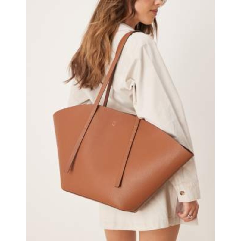 Gina Tricot faux leather large wide shopper bag in brown camel