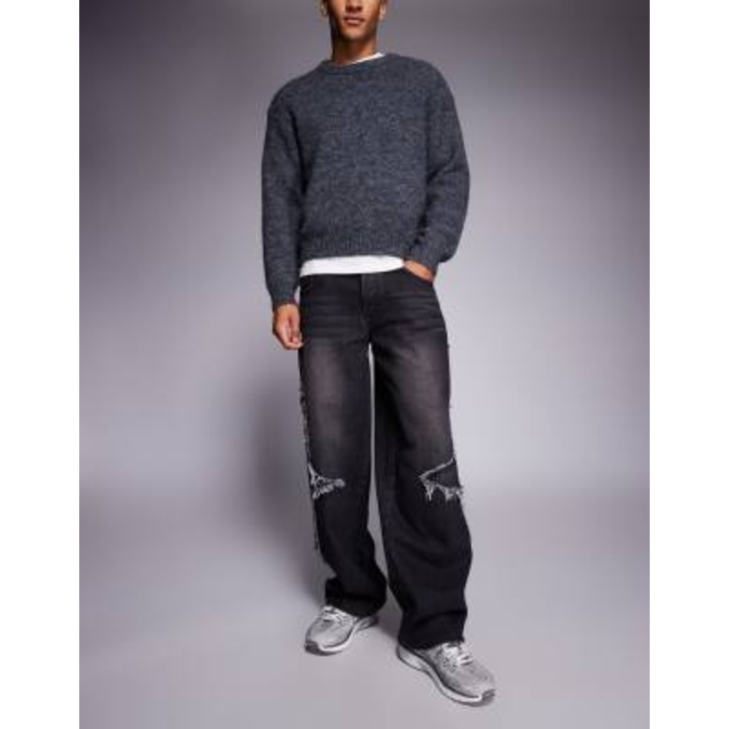 Liquor N Poker baggy denim rip repair side seam jeans in black