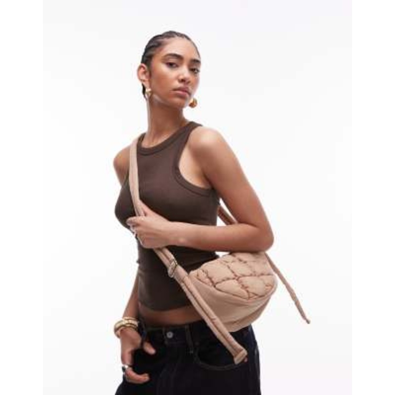 Topshop Callie scoop quilted nylon cross body bag in camel