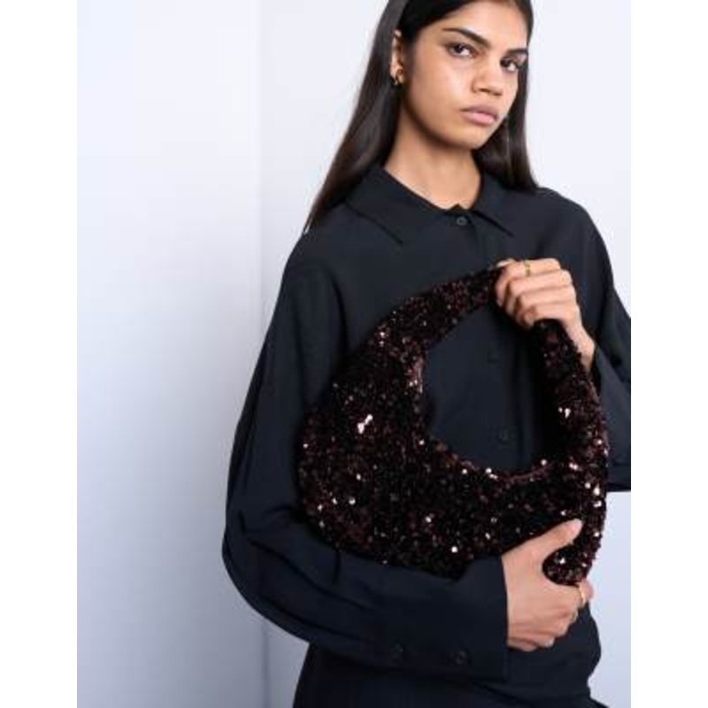 Topshop Santana scoop sequin shoulder bag in chocolate