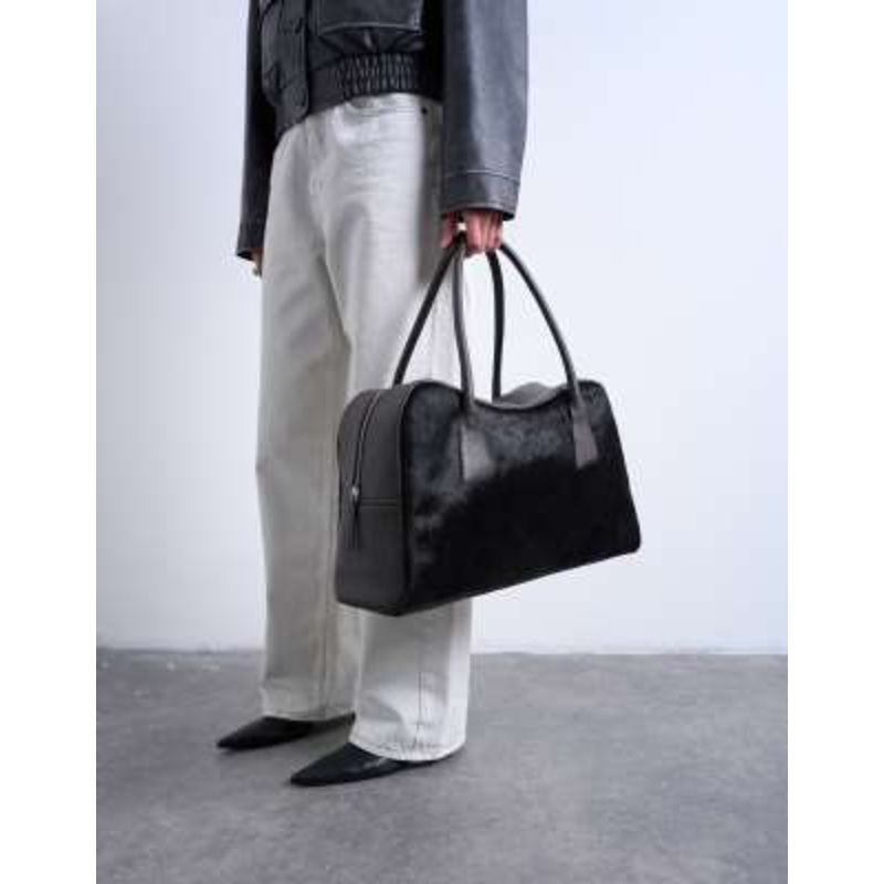 Topshop Suki real leather shoulder bowler bag in chocolate pony