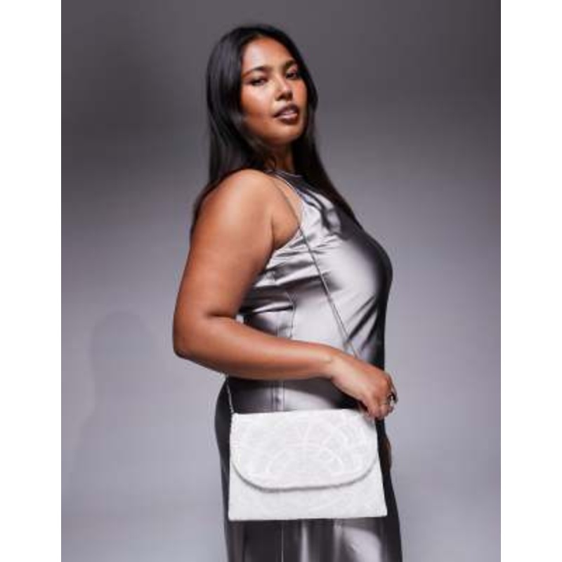 True Decadence beaded clutch bag with crossbody strap in white