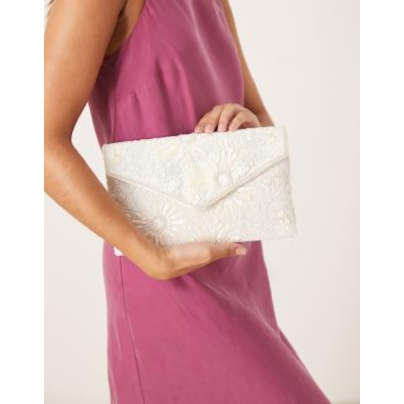 True Decadence floral embellished envelope clutch bag in white