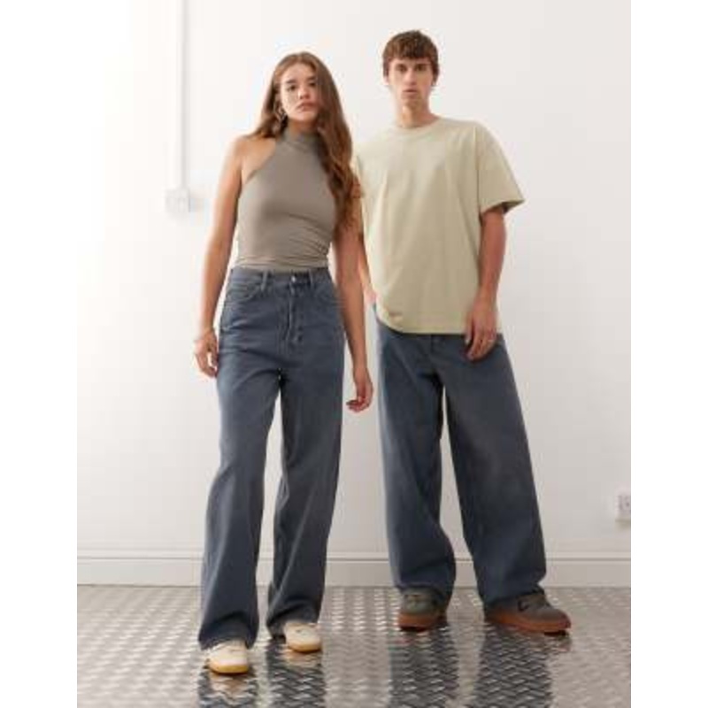 Weekday Astro Unisex low rise loose fit baggy jeans in dusty blue wash