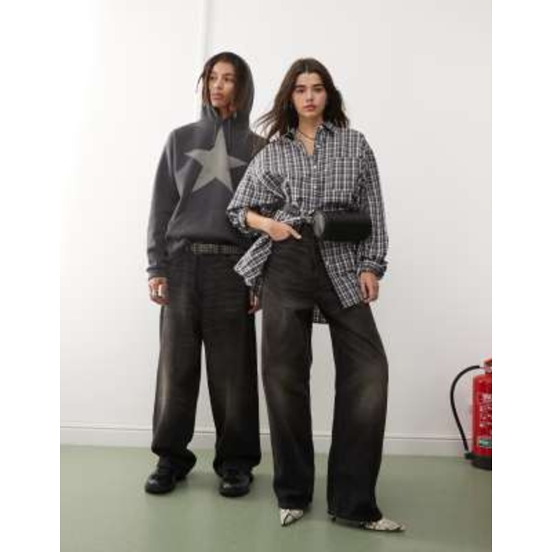 Weekday Unisex Astro low rise loose fit baggy jeans in black acid wash