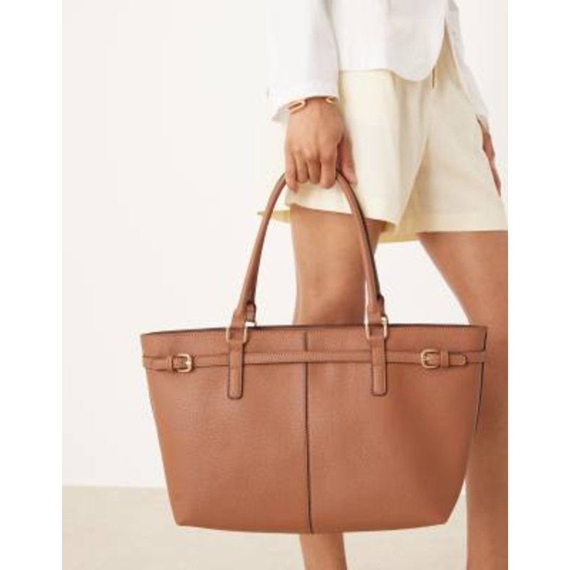 Accessorize east to west tote shoulder bag with buckle detailing in tan