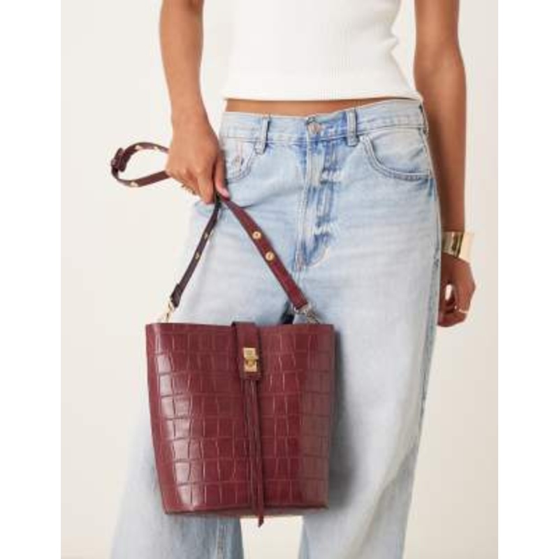Accessorize faux croc bucket bag in burgundy