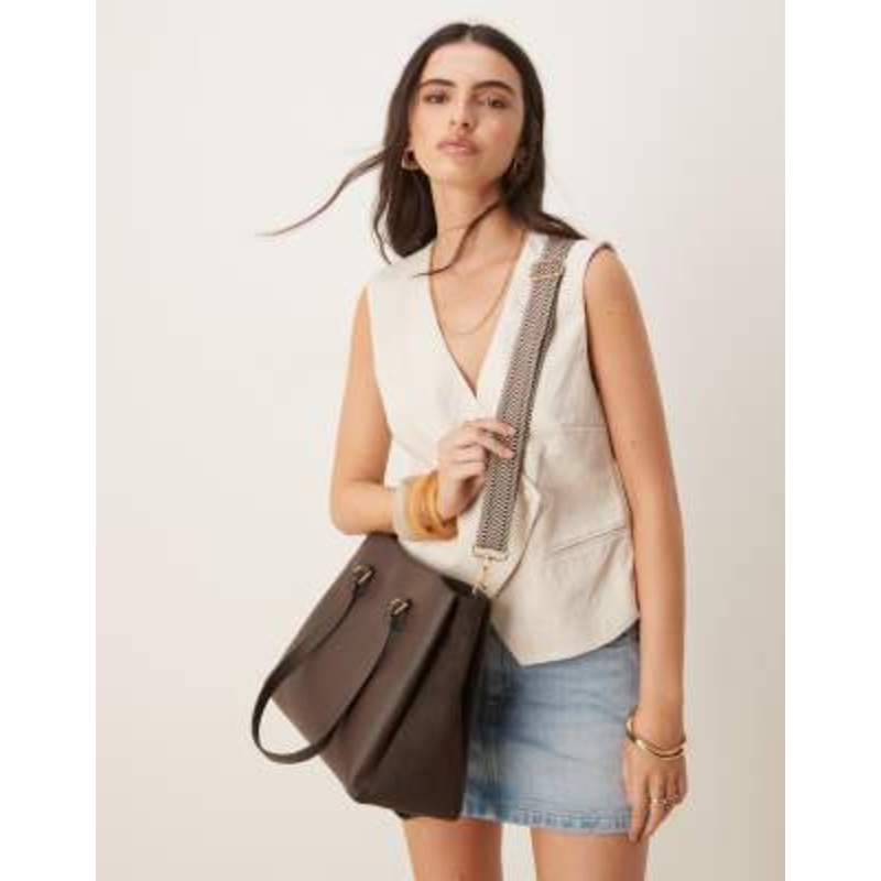 Accessorize webbing shoulder bag with faux suede in chocolate brown