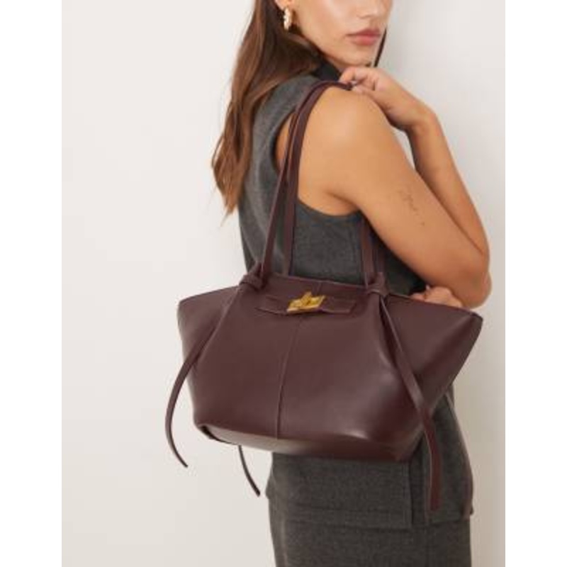 Gina Tricot faux leather small tote bag with strap and clutch detail in dark red burgundy