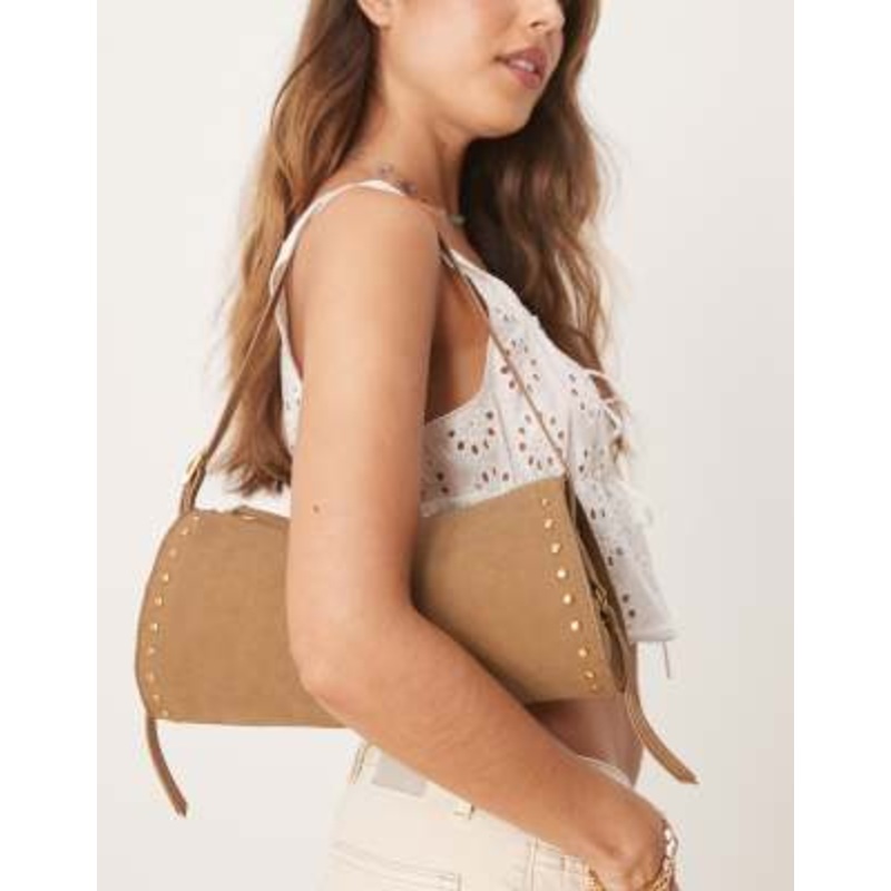 Gina Tricot faux suede oval stud shoulder bag in neutral brown