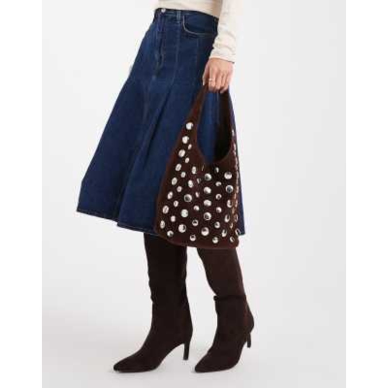 Glamorous all-over stud faux suede bag in brown