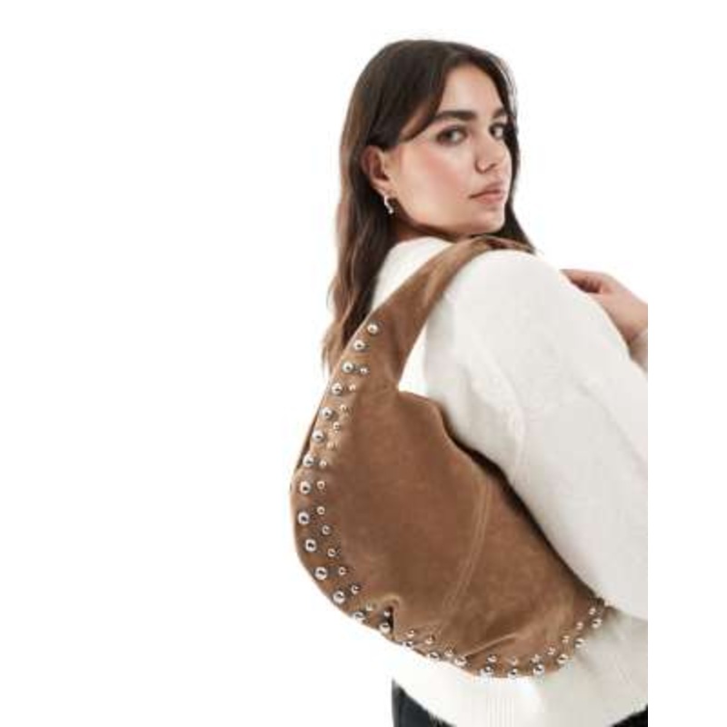 Glamorous faux suede crescent shoulder bag with studded detail in light brown