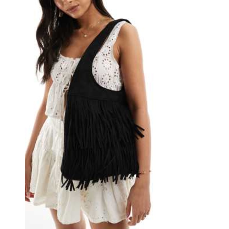 Glamorous fringed faux suede shoulder bag in black
