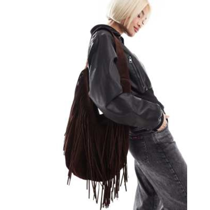 Glamorous fringed faux suede shoulder bag in dark brown