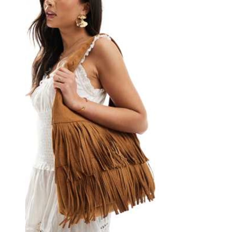 Glamorous fringed faux suede shoulder bag in tan