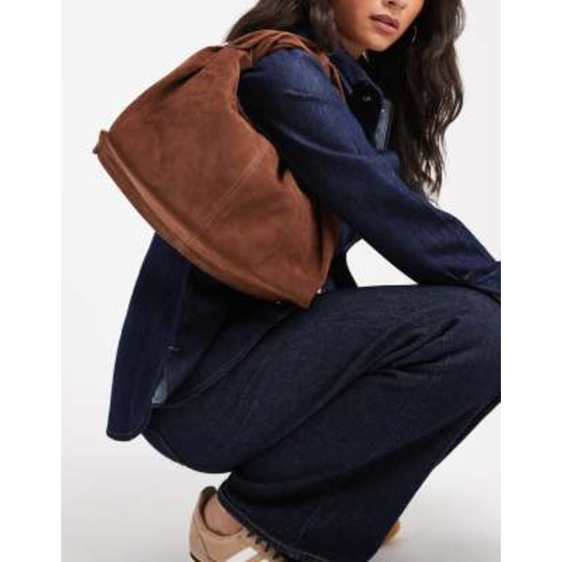 Glamorous top handle faux suede slouchy bag with detachable crossbody strap in brown