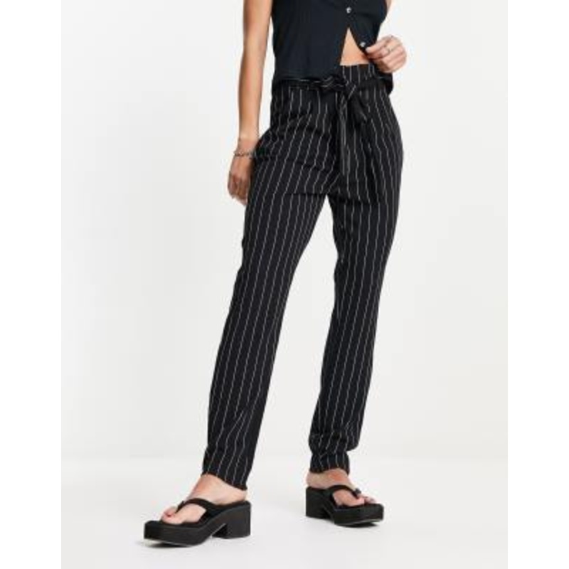 JDY tapered pants with paperbag waist in black pinstripe