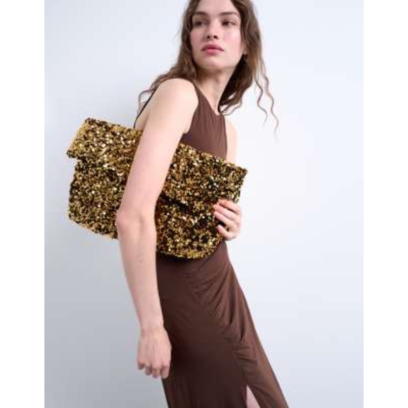 Topshop Georgia folded clutch bag in gold sequins
