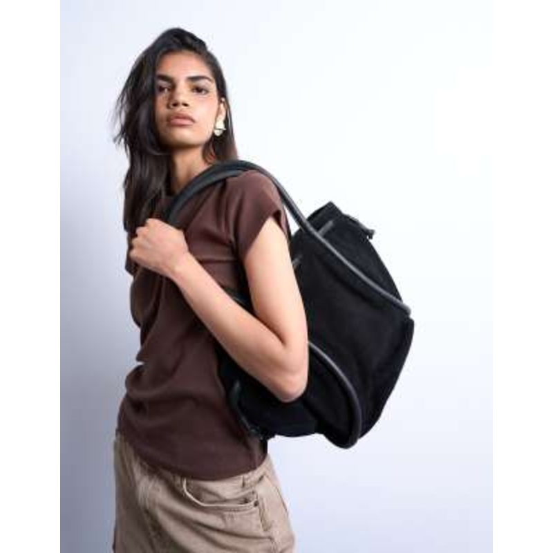 Topshop Sena real suede leather shoulder bag in black