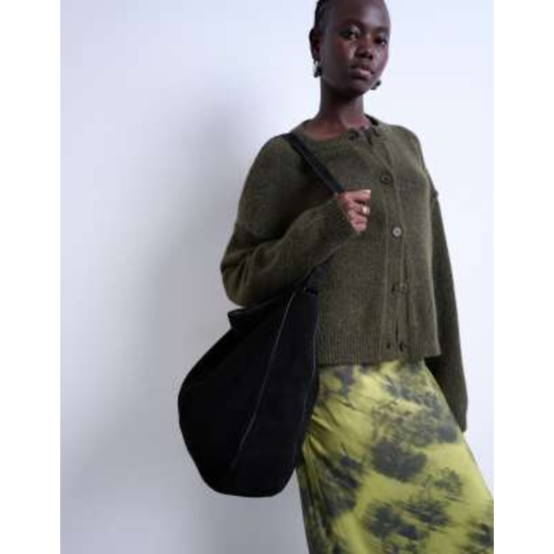 Topshop Siobhan real suede leather shoulder bag in black