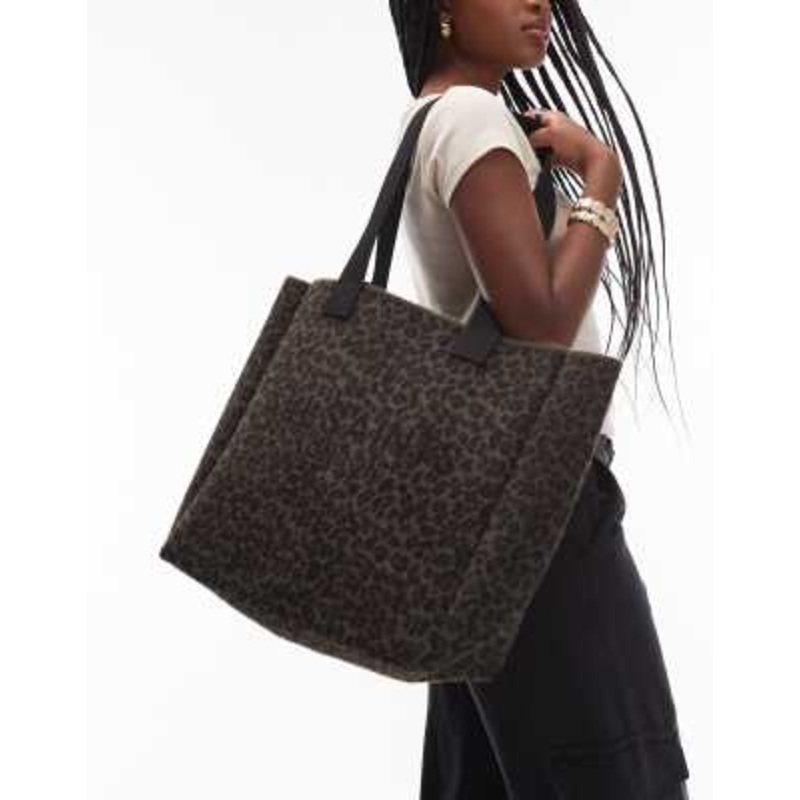 AllSaints Izzy fuzzy leopard tote bag in brown / black