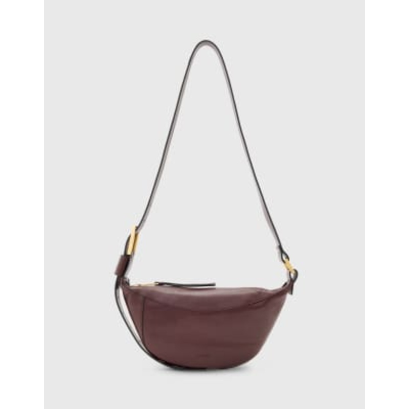 AllSaints Luna half moon leather crossbody bag in burgundy