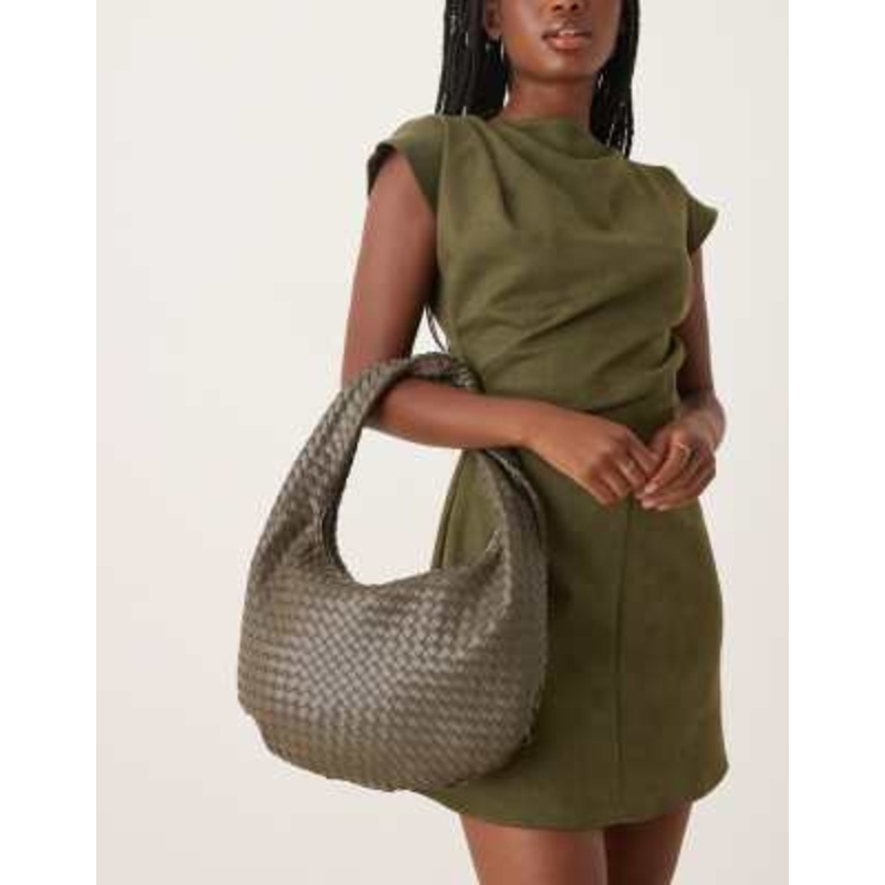 Gina Tricot braided large tote handbag in dark khaki green