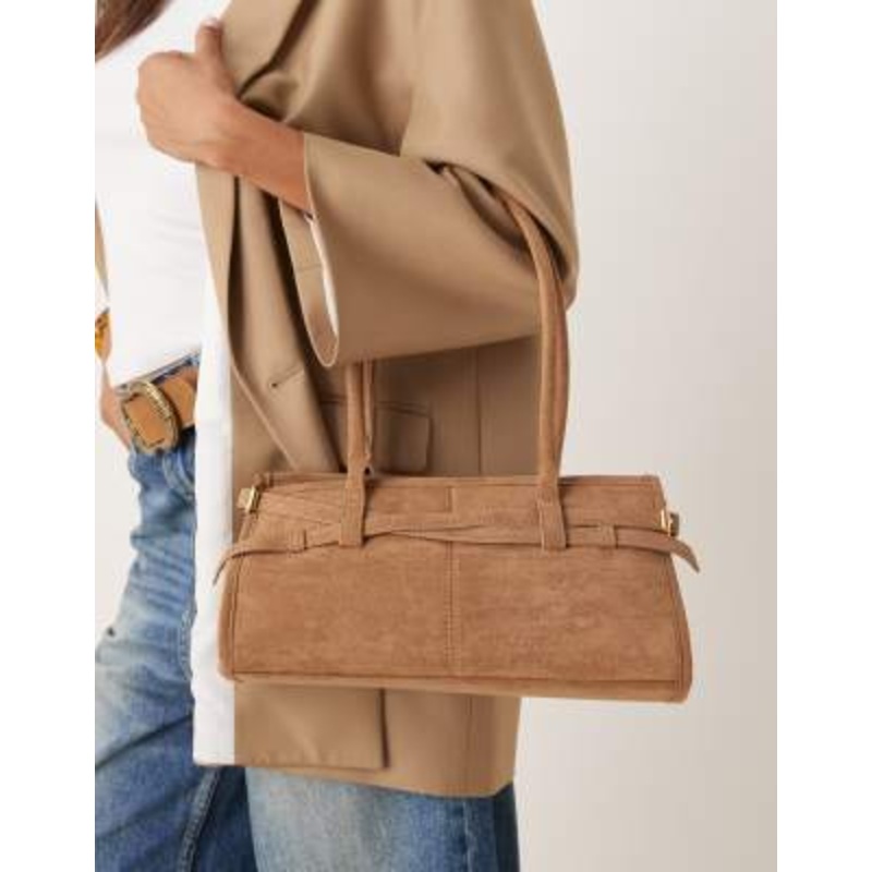 Gina Tricot faux suede buckle bowling shoulder bag with long handles in camel brown