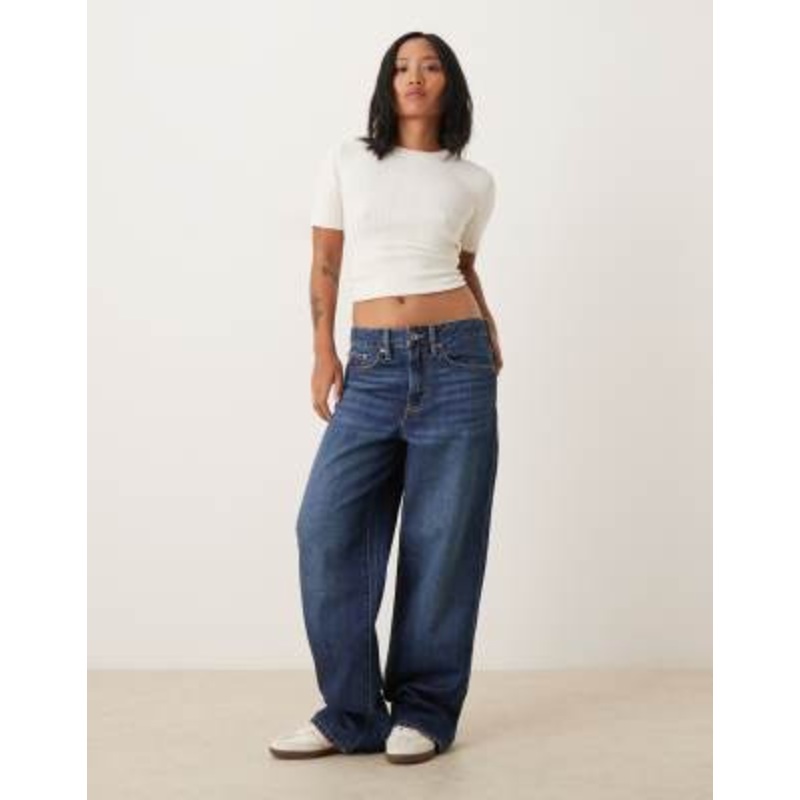 Gina Tricot Petite low waist baggy barrel leg jeans in darkwash blue